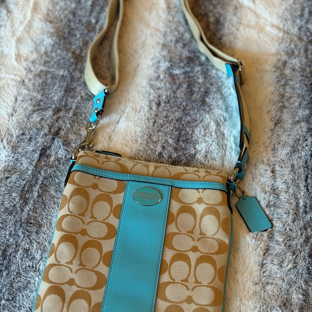 Coach Tan and Blue Crossbody Bag with Signature Monogram